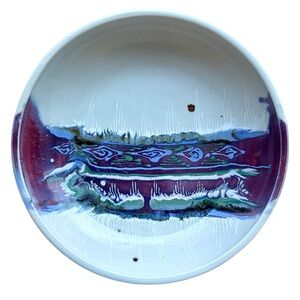 Lisa Koch 12" Signed Abstract Ceramic Bowl with Purple Green and Blue Accents